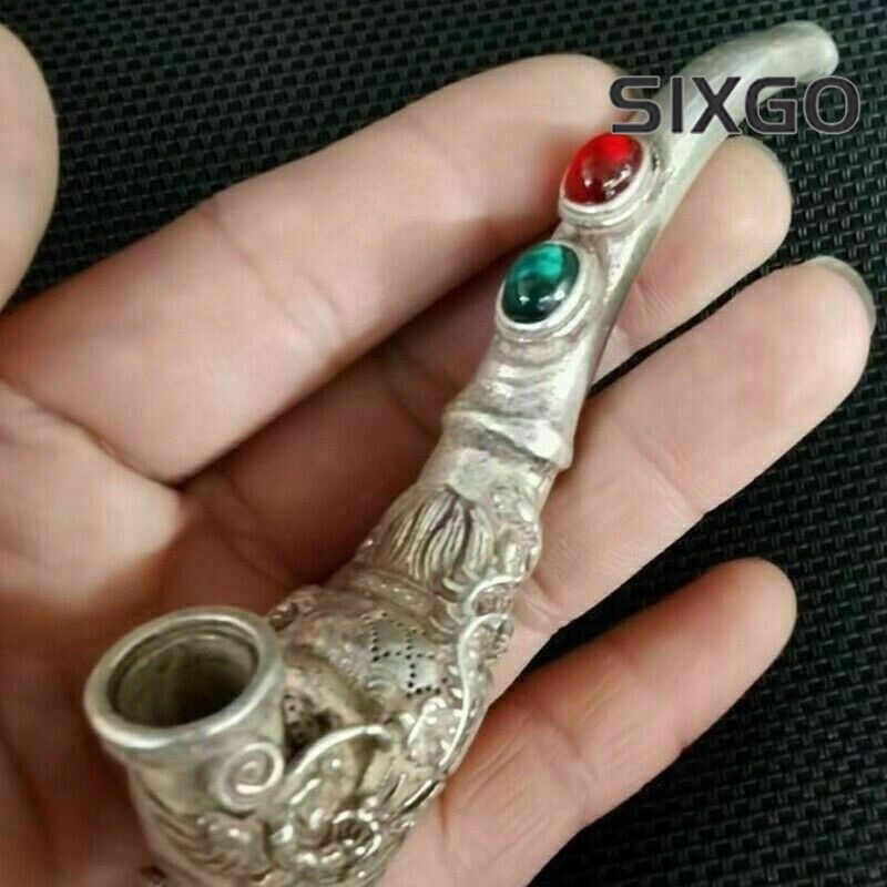 Old Chinese tibet silver hand-carved Dragon phoenix inlay gem pipe Smoking tools