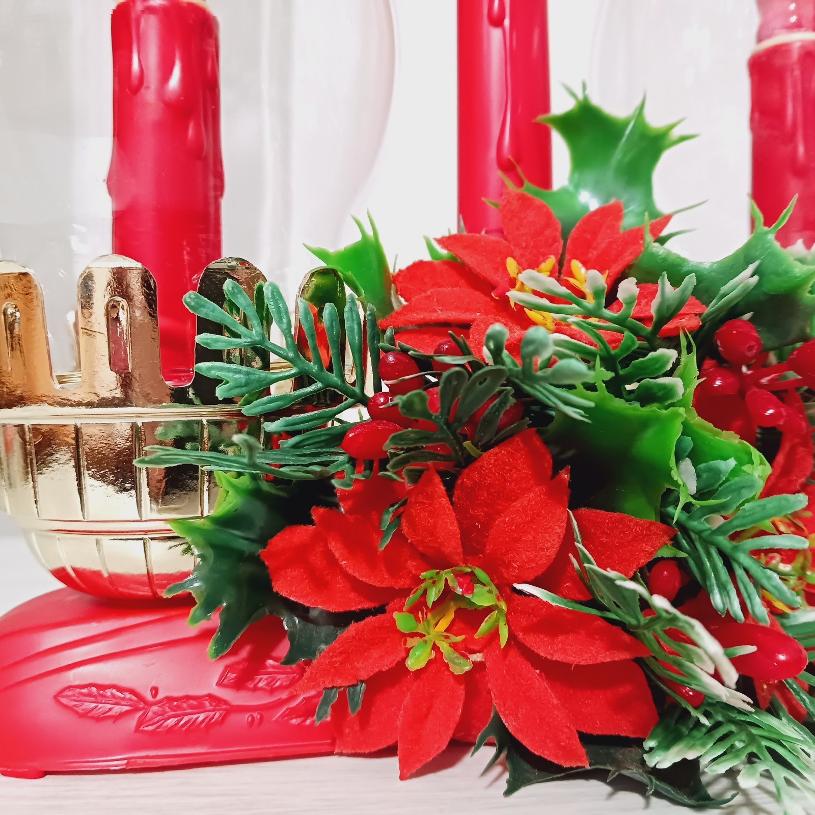 Vintage Christmas Flocked Poinsettia Hurricane Duel Chimney Electric Candle