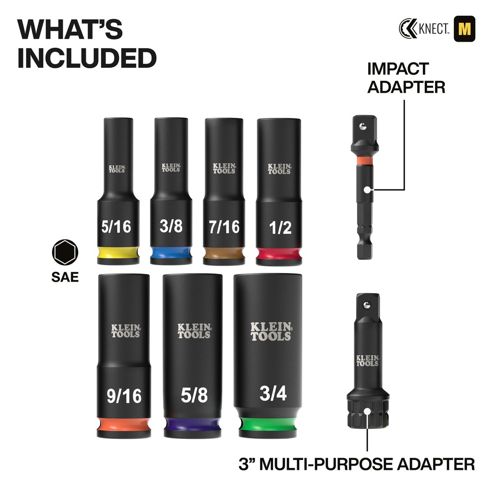 Klein Tools 65109IMPCT KNECT Deep-Well 3/8" Drive Impact Socket Set, SAE, 9 Pc.