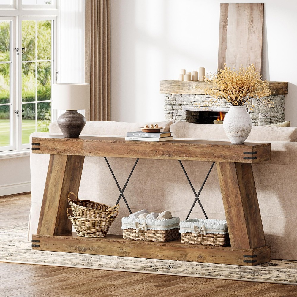 70.9" Farmhouse Console Table, Long Sofa Table Behind Couch with Storage, Nar...