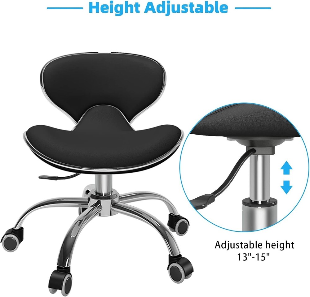 Adjustable Low Height Salon Technician Stool w/ Back Support Rolling Chair