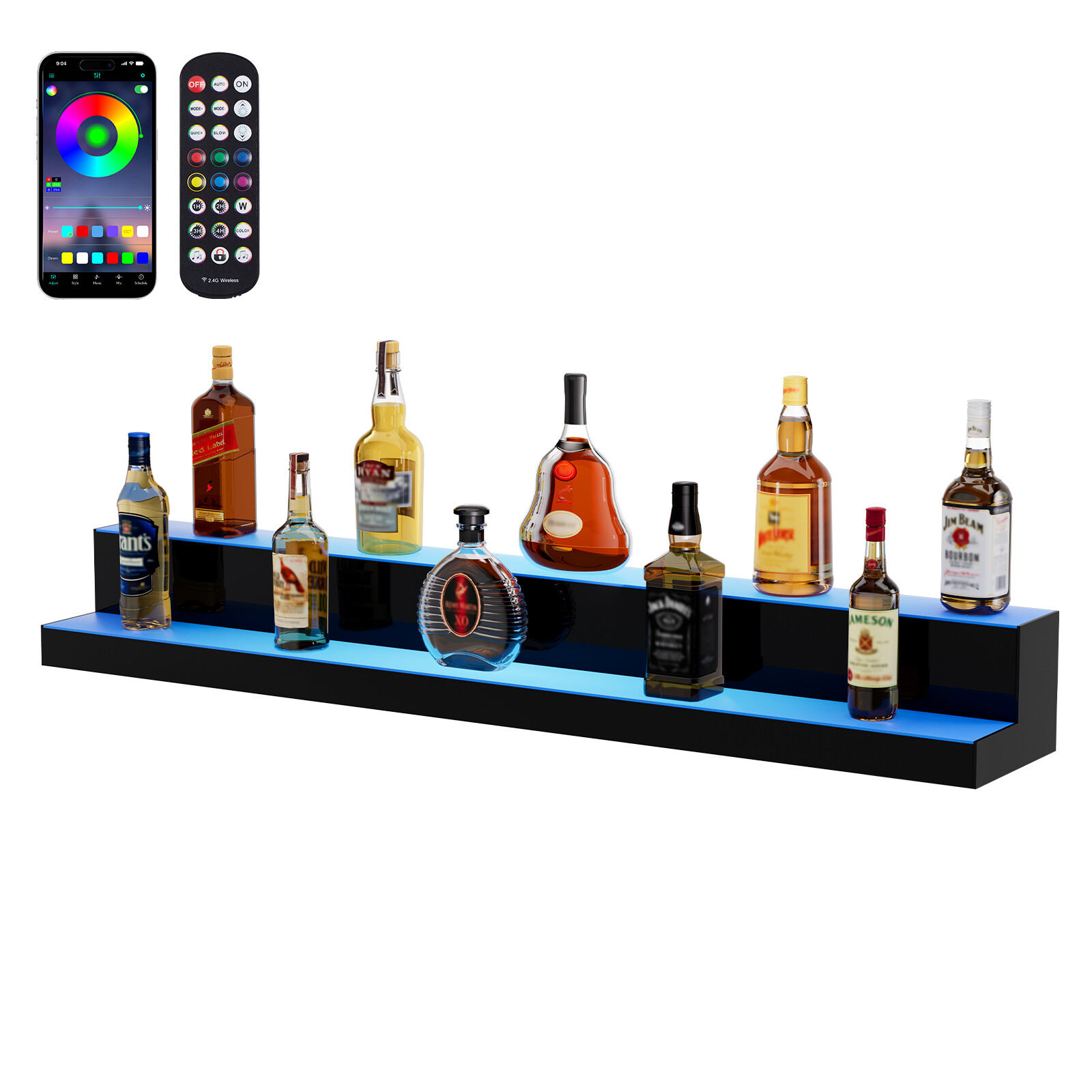 48" 2-Step LED Lighted Liquor Bottle Display Bar Shelf RF& App Control