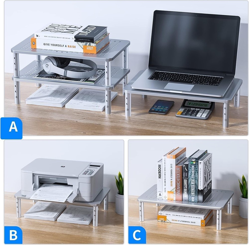 Monitor Riser Metal Adjustable Stand for Laptop PC Printer Ergonomic Silver