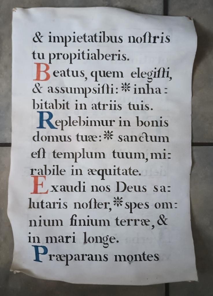 17TH C MEDIEVAL VELLUM ANTIPHONAL MANUSCRIPT MUSIC LEAF LATIN GREGORIAN CHANT