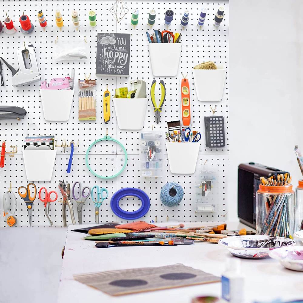 Large Pegboard Cups Peg Board Storage Bin 6 Pack with Hooks, Square Box Shape Pe