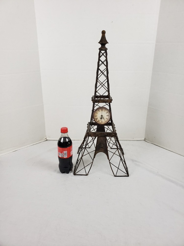 Eiffel Tower Wire Sculpture Statue with Working Clock 25" Rustic