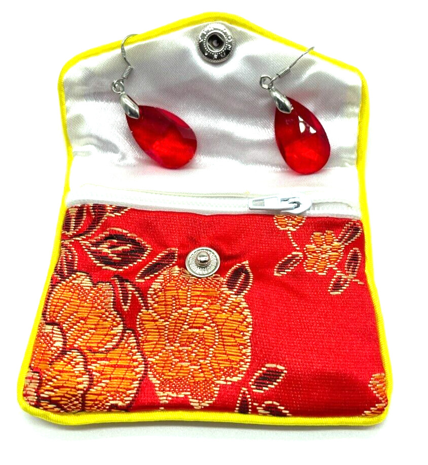 Earrings. Silver tone Large Red Crystals. Hook. 1" drop