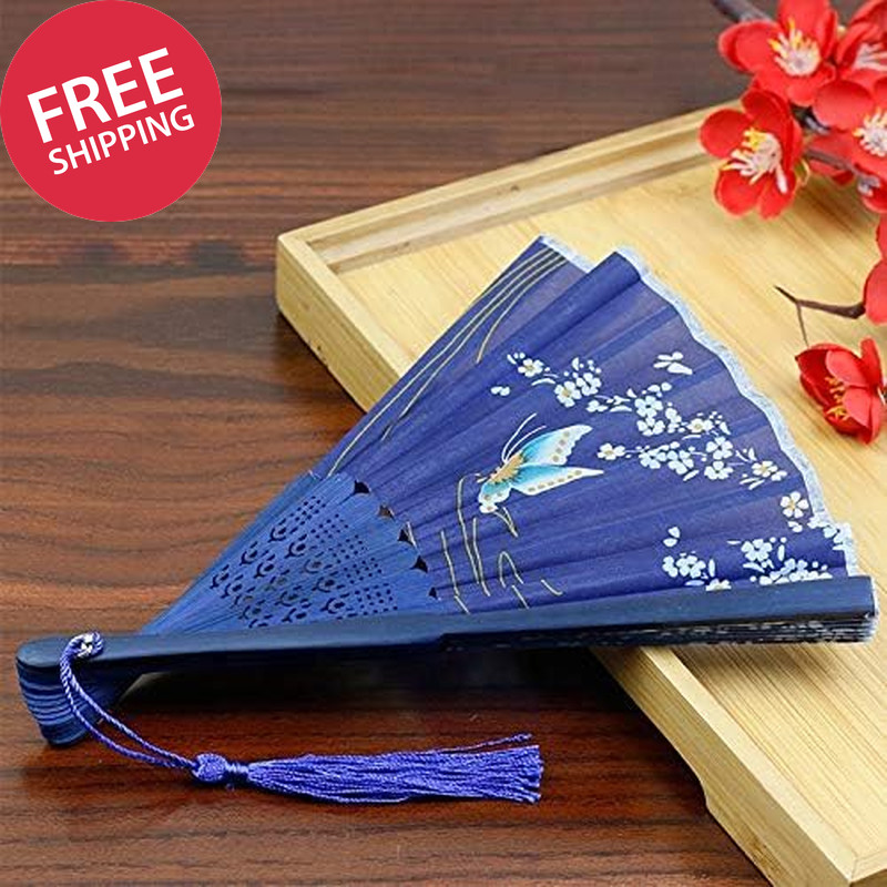 Floral Patterned Hand Fans, Vintage Silk and Japanese Lace Designs with Bamboo F