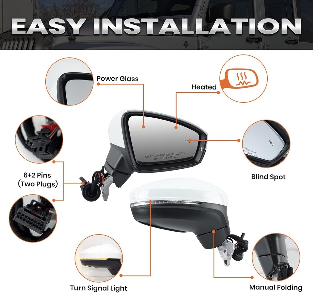 Right Passenger Side Mirror Compatible Side, White-8 Pins