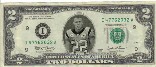 Panthers Christian McCaffrey $2 Dollar bill Mint real