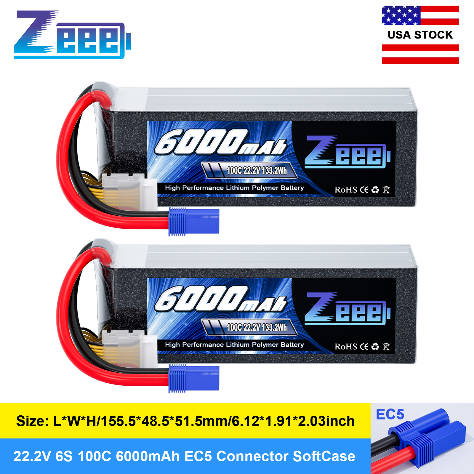 2PCS Zeee 6S Lipo Battery 6000mAh 22.2V 100C EC5 Plug for RC Car Helicopter Boat