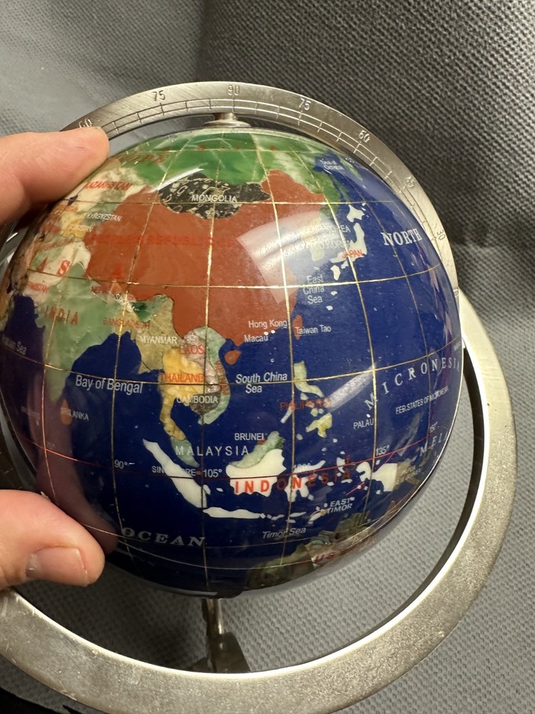 10 Inch Decorative Gemstone Inlaid World Globe With Solid Brass Three.