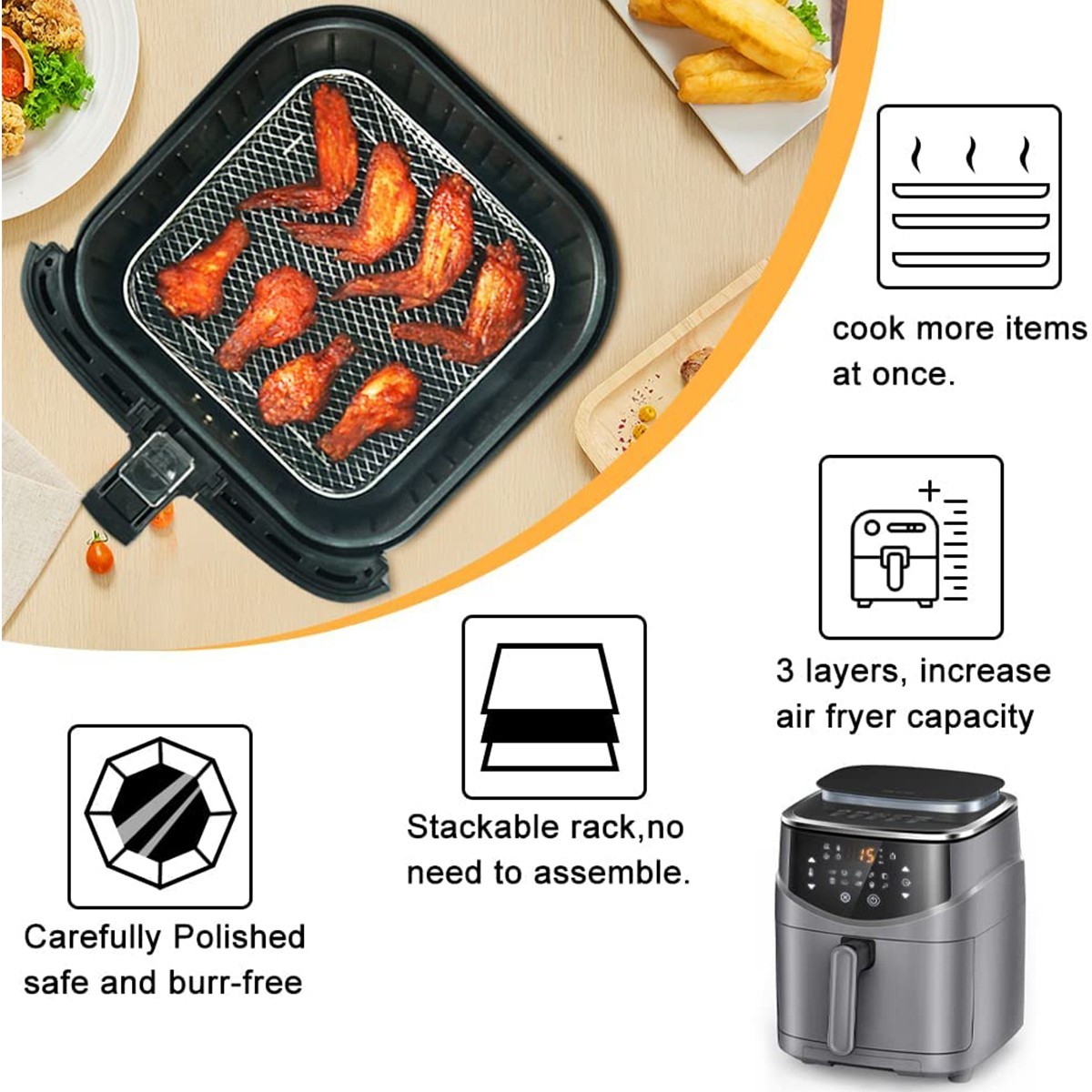 3 Layer Air Fryer Basket Rack Stainless Steel Dehydrator Set