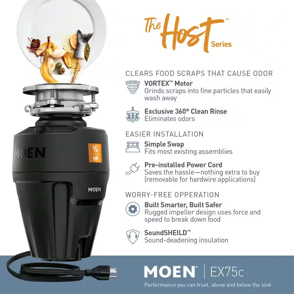 Host Series 3/4 HP Continuous Feed Space Saving Garbage Disposal with Sound Redu