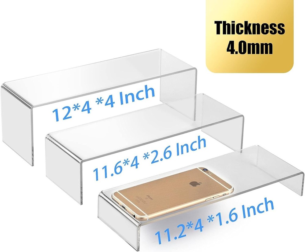 LARGE ACRYLIC RISERS CLEAR RECTANGULAR SHOWCASE COLLECTIBLES DISPLAY SHELF 4SET