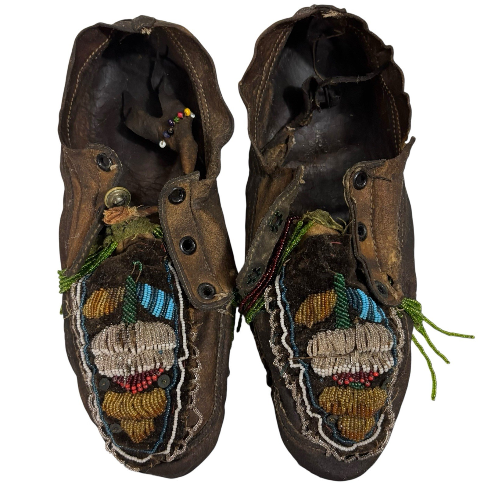 Old Antique Plains Native American Indian Beaded Moccasins Decorated Hide Shoes