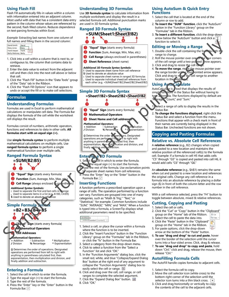 Excel 2013 Training Guide Quick Reference Card 4 Page Cheat Sheet Instructions