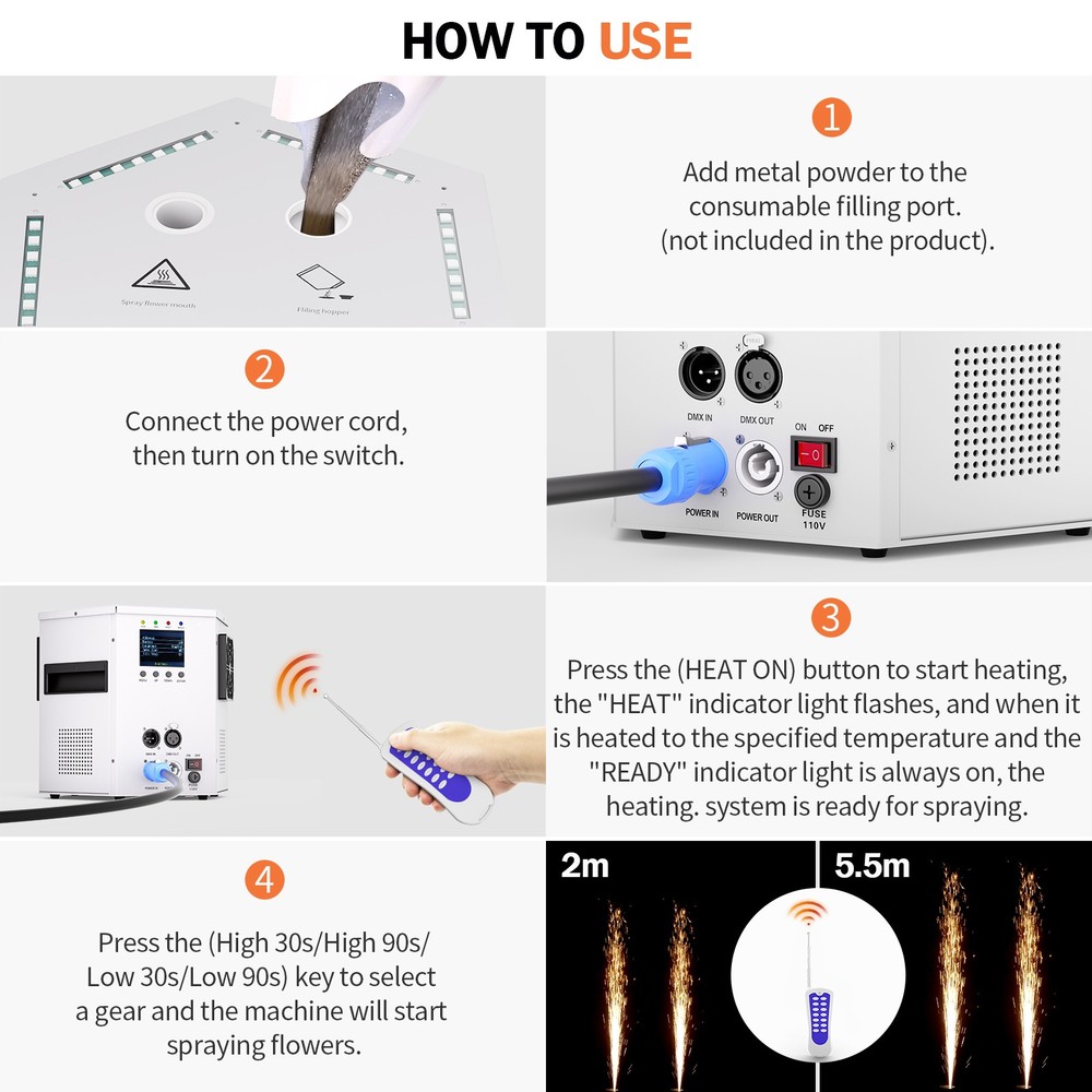 1200W Cold Spark Machine Stage Effect DMX Firework with Wireless Remote Control