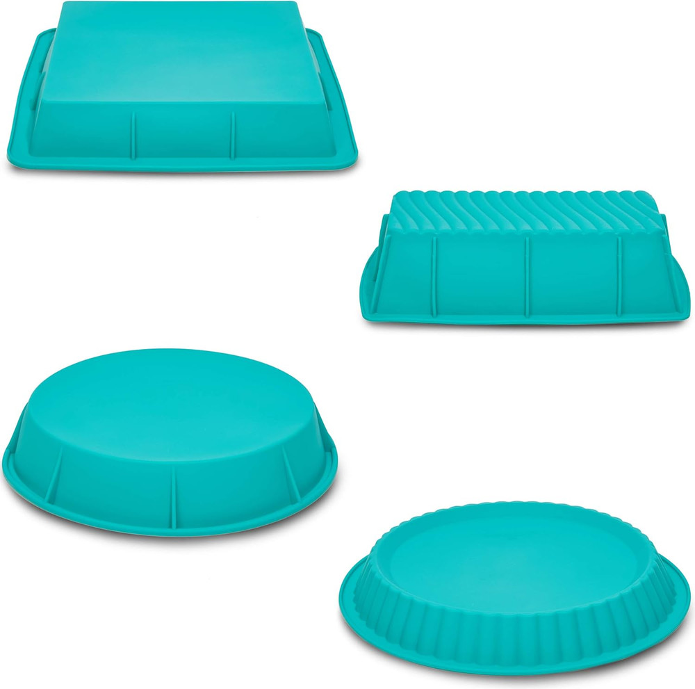 Silicone Baking Pans Set - 4-Piece Teal Set: Square, Rectangular, round Cake & P