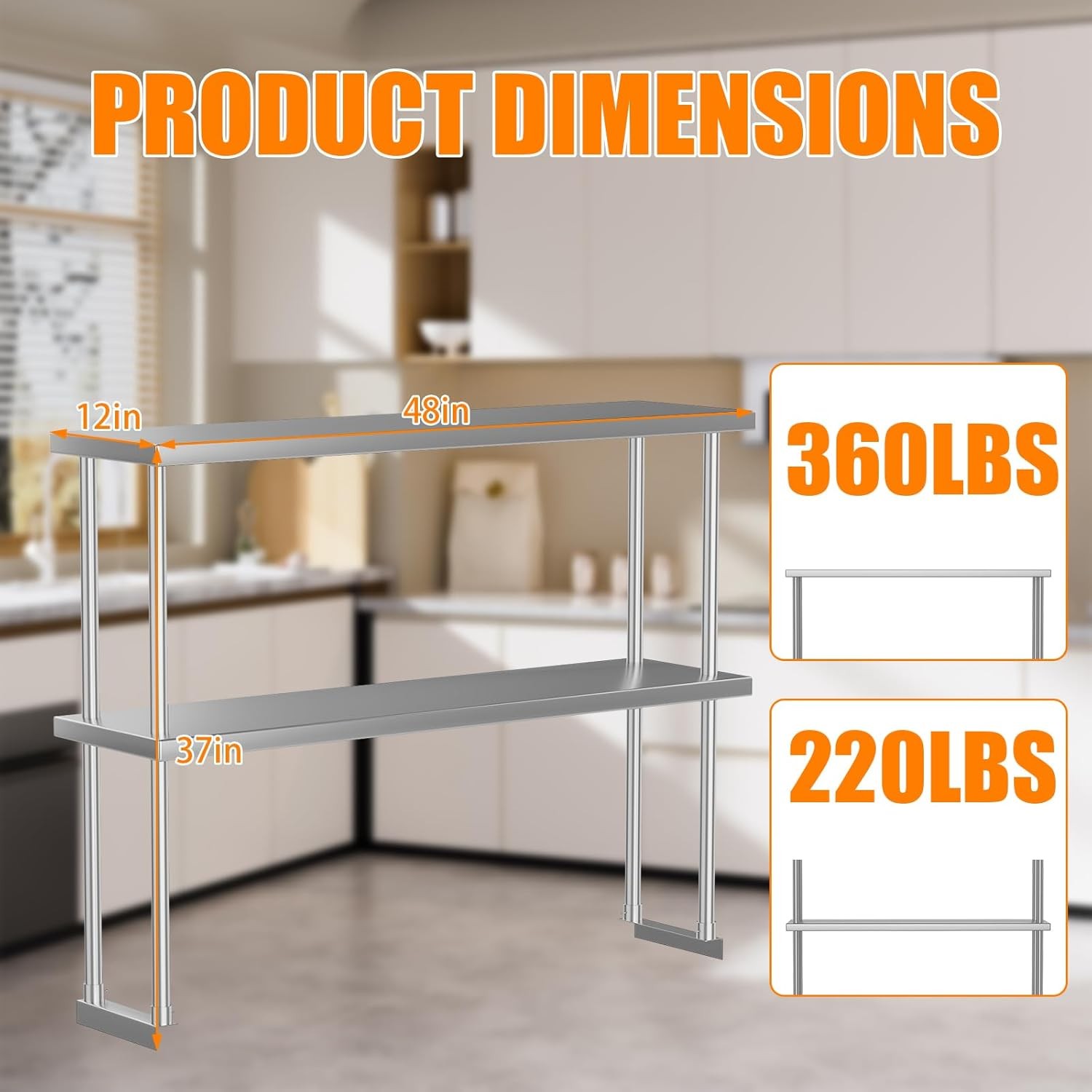 12"x48" Stainless Steel Overshelf for Prep & Work Table, 2-Tier Adjustable Shelf