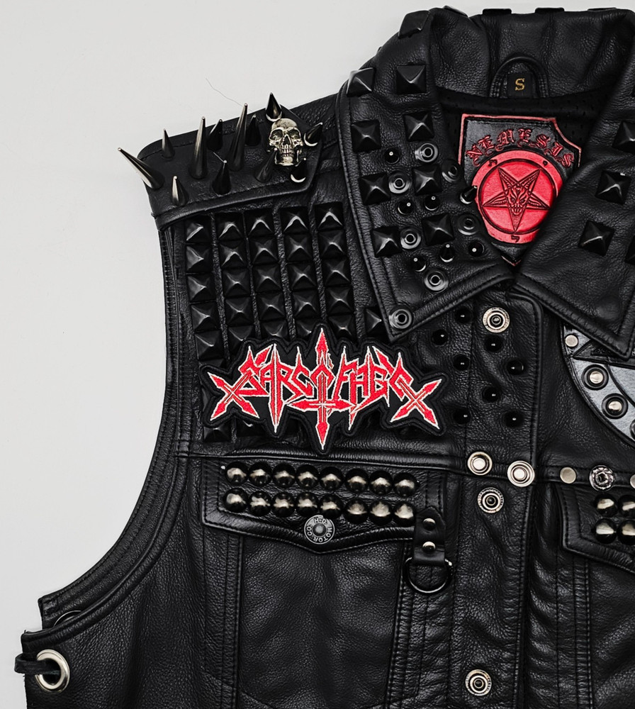 SARCOFAGO RED AND WHITE LOGO SHAPED BORDER EMBROIDERED PATCH