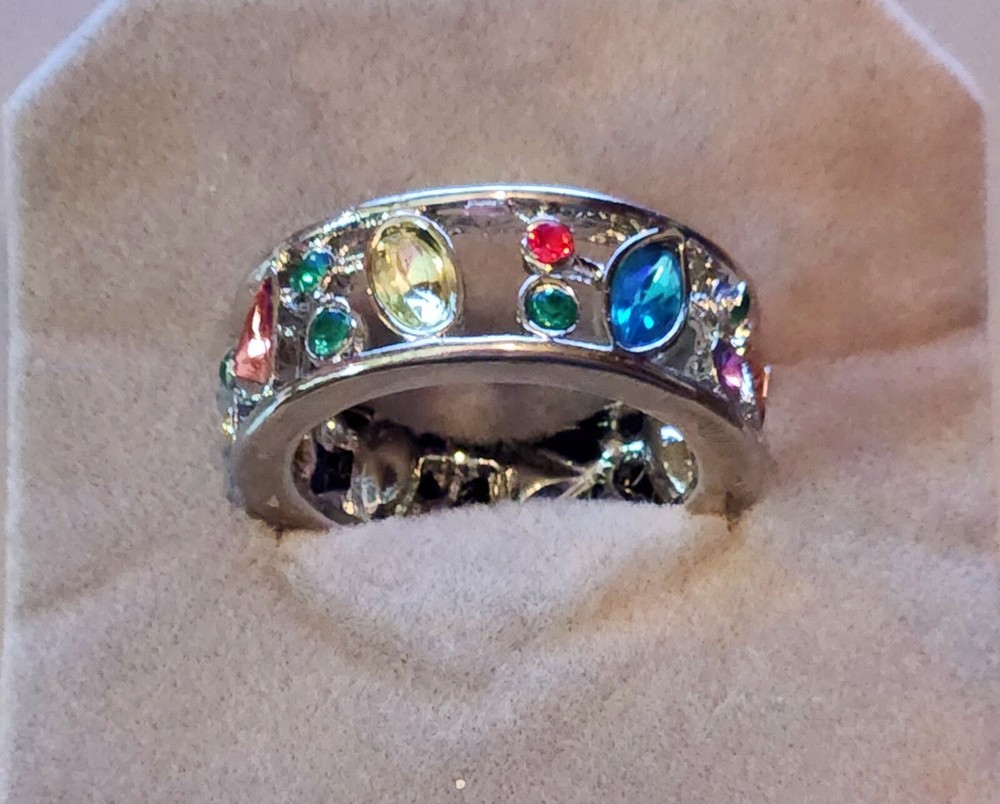 MULTI-COLORED MULTI-STONE SILVER OPEN WORK RING CIGAR BAND SILVER TONE
