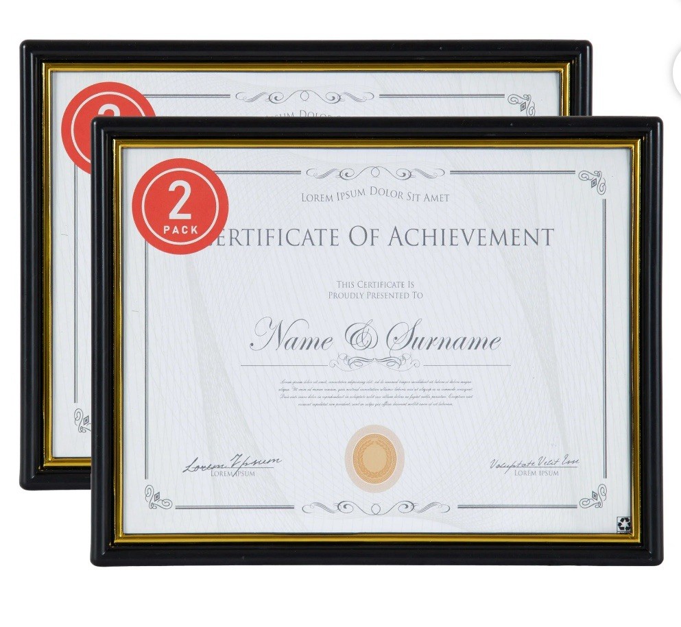 DesignOvation 8.5x11 Basic Black/Gold Classic Document Frame, Set of 2