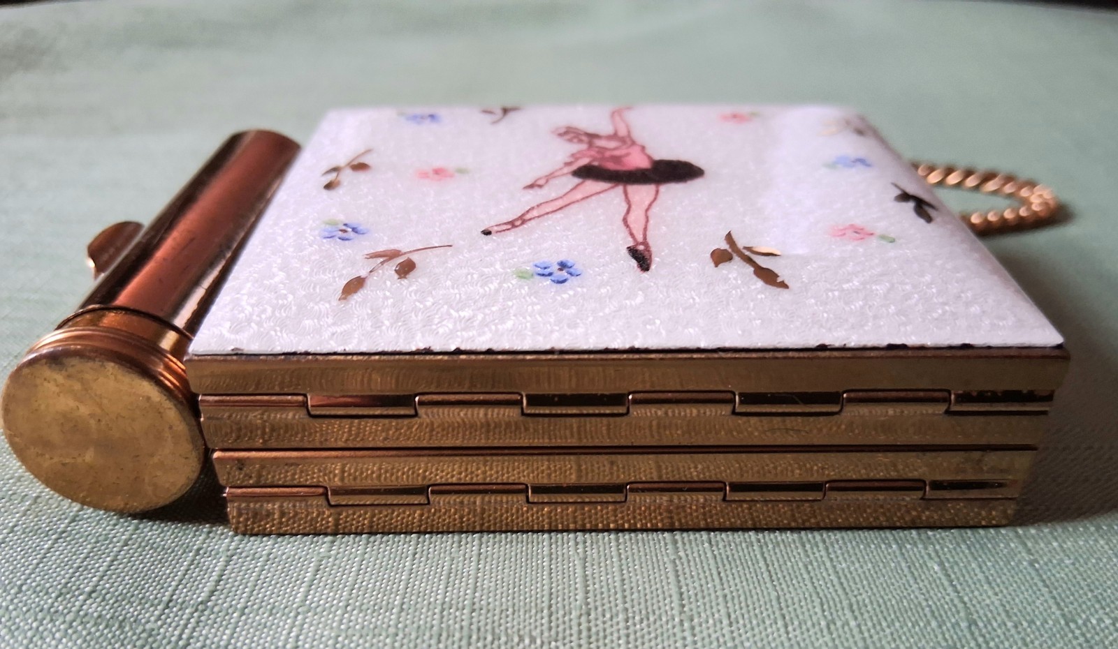 Vintage Guilloche Ballerina Double Lipstick Cigarette Make Up Compact Purse