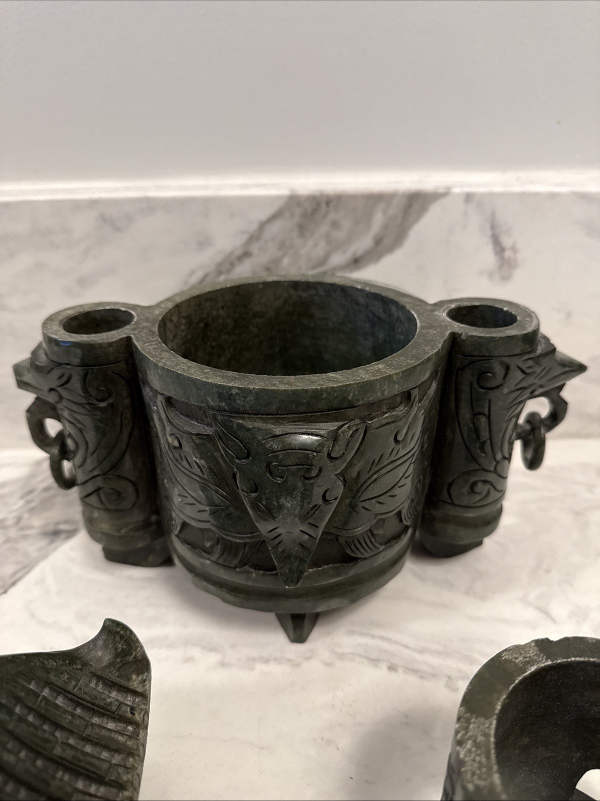 Large Vintage Chinese Deep Green Nephrite Jade Incense Burner 14”