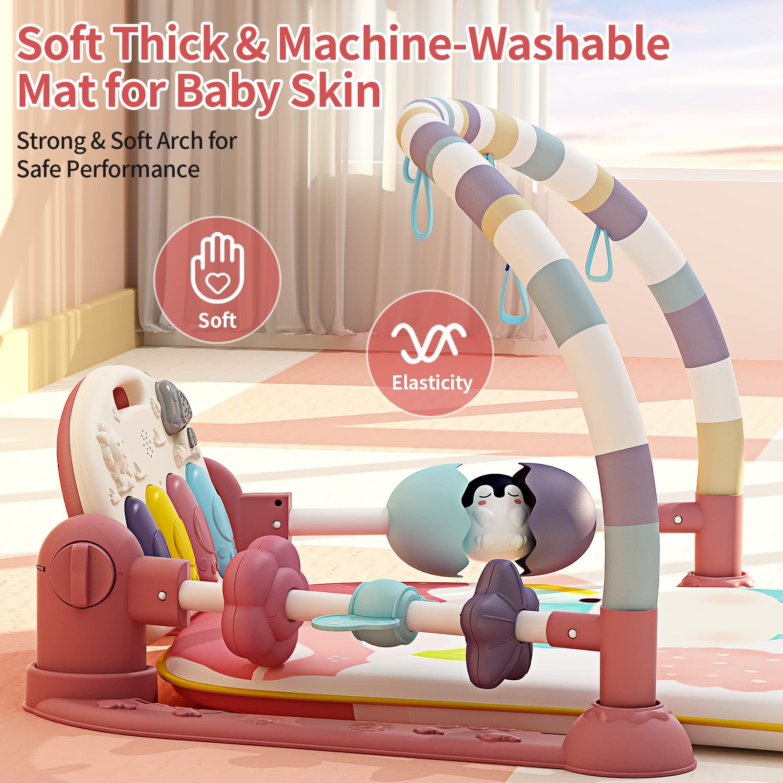 Baby Gym with Musical Piano,Baby Play Mat Tummy Time Baby Activity Gym Mat wi...