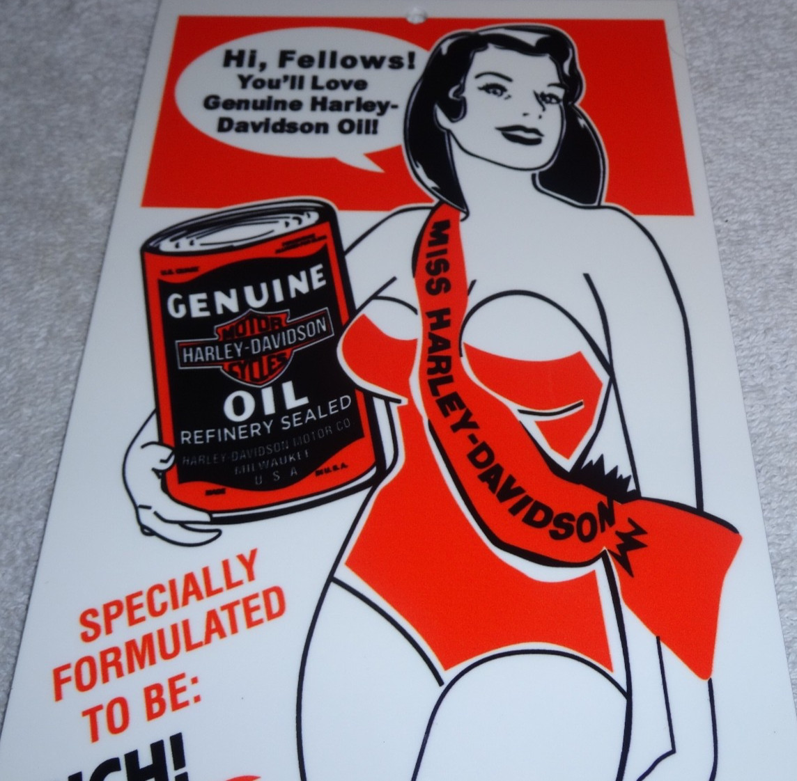 VINTAGE HARLEY DAVIDSON MOTORCYCLES WOMAN W/ LG OIL CANS 15" METAL GASOLINE SIGN