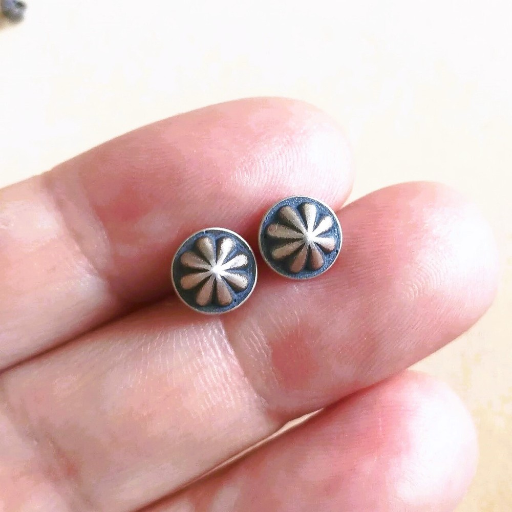 Oxidized 925 Sterling Silver Tiny Concho Small Stud Earrings Southwestern Unique