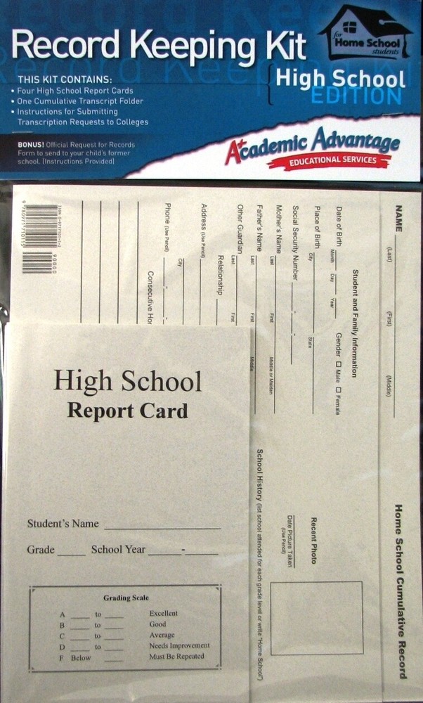 High School Homeschool Record Keeping Kit, 4 Report Cards / 1 Transcript Folder