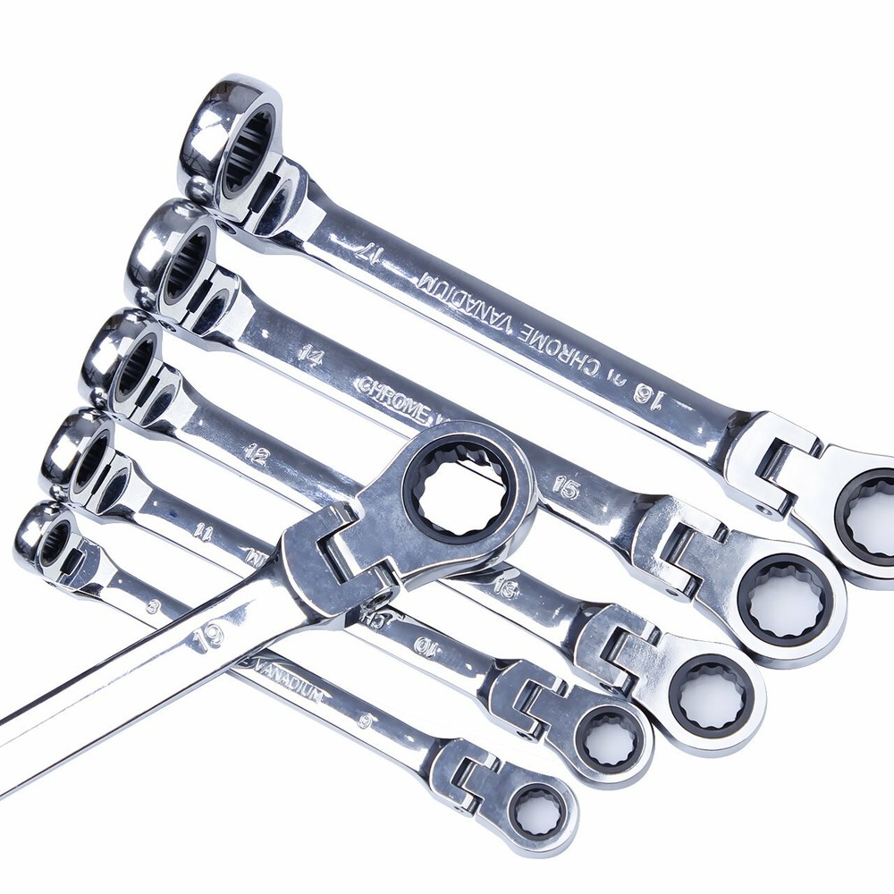 6Pc Double Box End Ratcheting Wrench Flex-Head Extra Long Heavy Duty Spanner Set