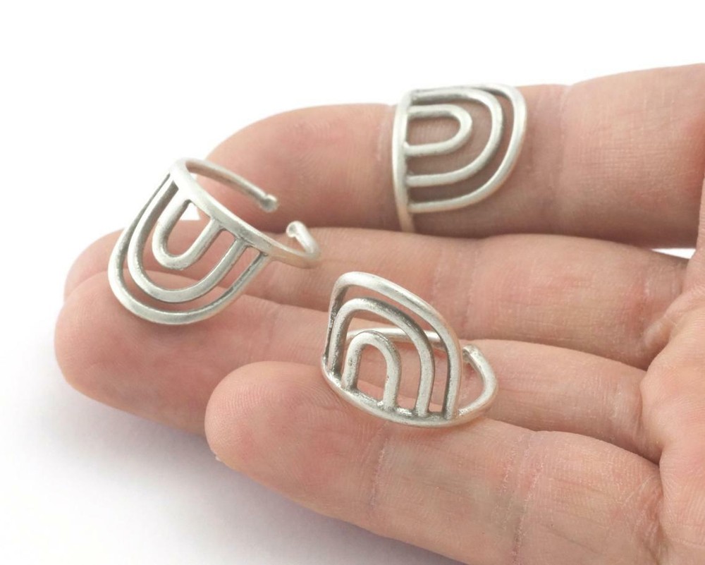 Curved Rainbow Statement Ring Adjustable Antique silver plated brass 7-9US 4302