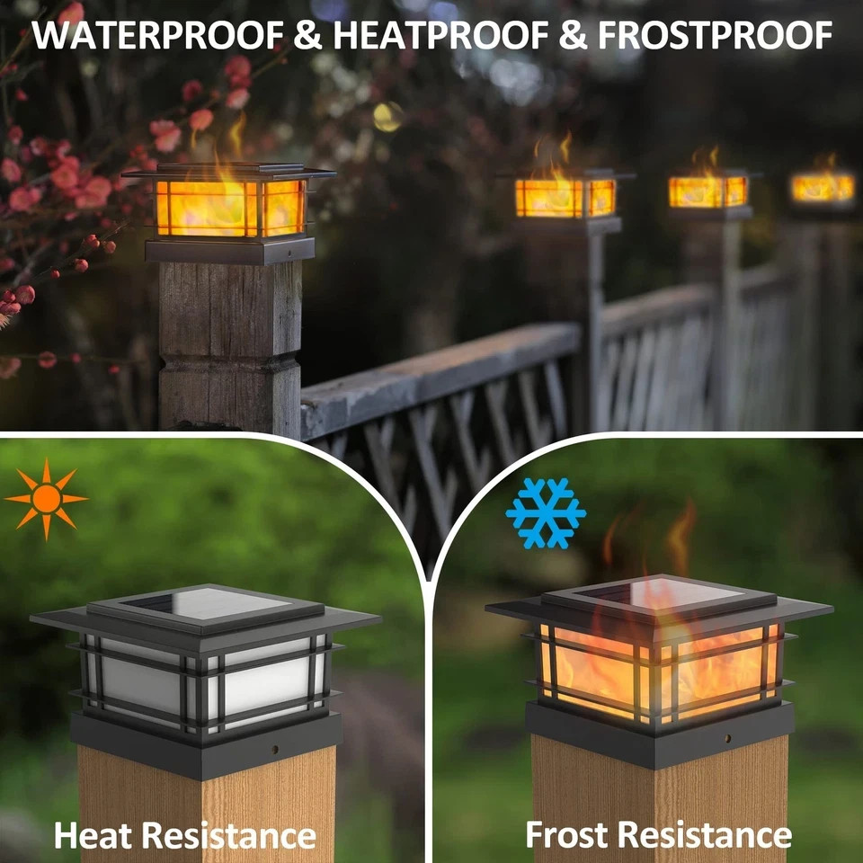 Dynaming 2 Pack Solar Post Cap Lights 2 Flickering Flame Lights, Black
