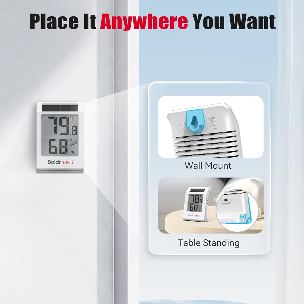 2.2'' Digital Thermometer and Hygrometer Meter, Solar-Powered Indoor Temperature
