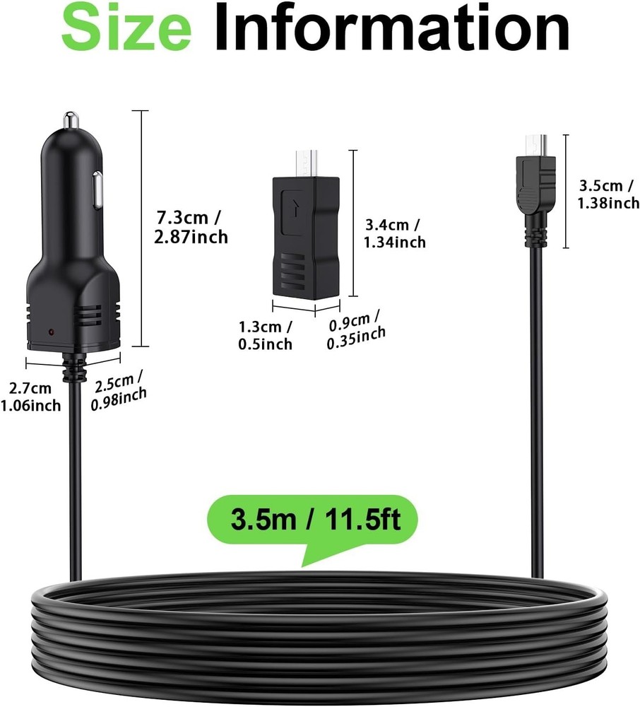 Mini/Micro USB Dash Camera Charger - 12V/24V Car Adapter with Charging Indicator
