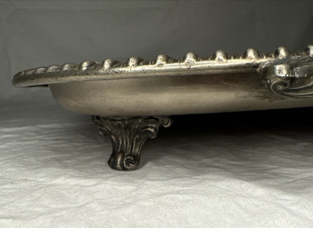 Leonard Silverplate Footed Serving Tray Ornate Engraved Floral Handles Rope Edge
