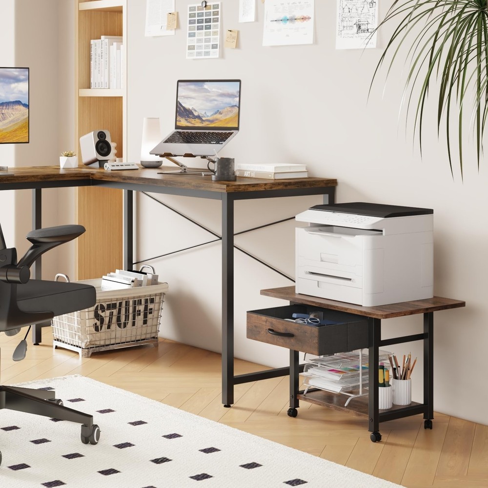 Large Printer Stand with Storage Drawer, 2-Tier Under Desk Table for Home Off...