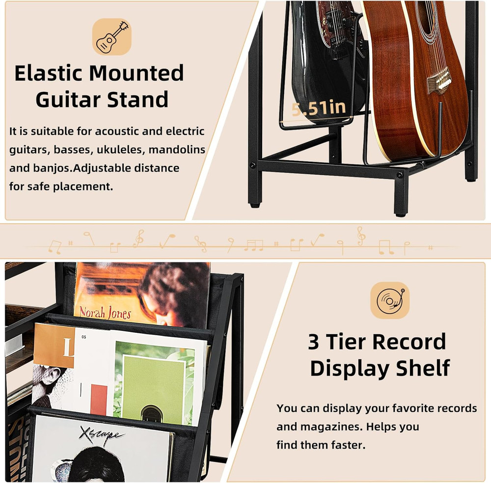 Adjustable Record Player Stand & Guitar Holder with Vinyl Storage Shelf