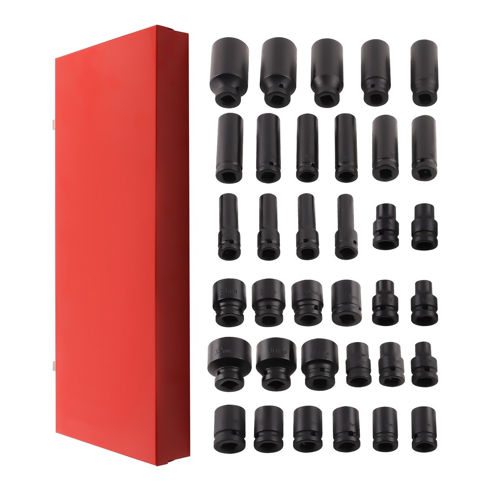 35PCS 1/2" Deep Impact Socket Set Drive 6 Point Metric Garage Tool 8 - 32mm