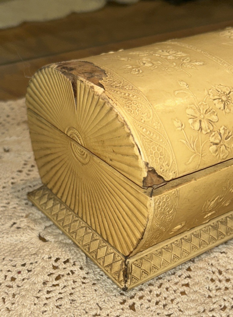 Antique Jewelry Box Engraved Angel Celluloid Wrapped Wood 9x 3.75 Oval Quite Old