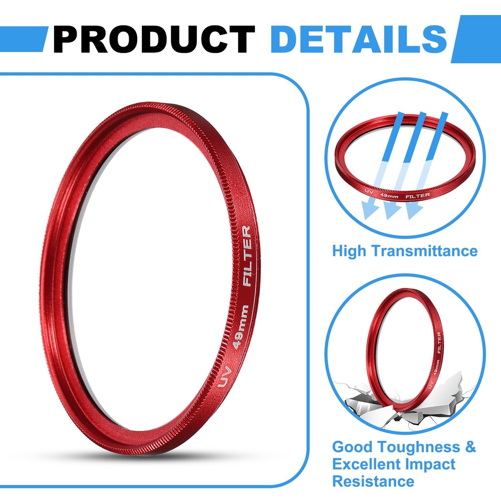 2Pcs 49mm Ultra Slim Lens Filter Multi Coating Camera Len Filter, Red