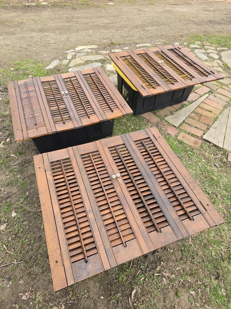 Vintage Wood Shutters Set Louvered Brass Hook White Knobs