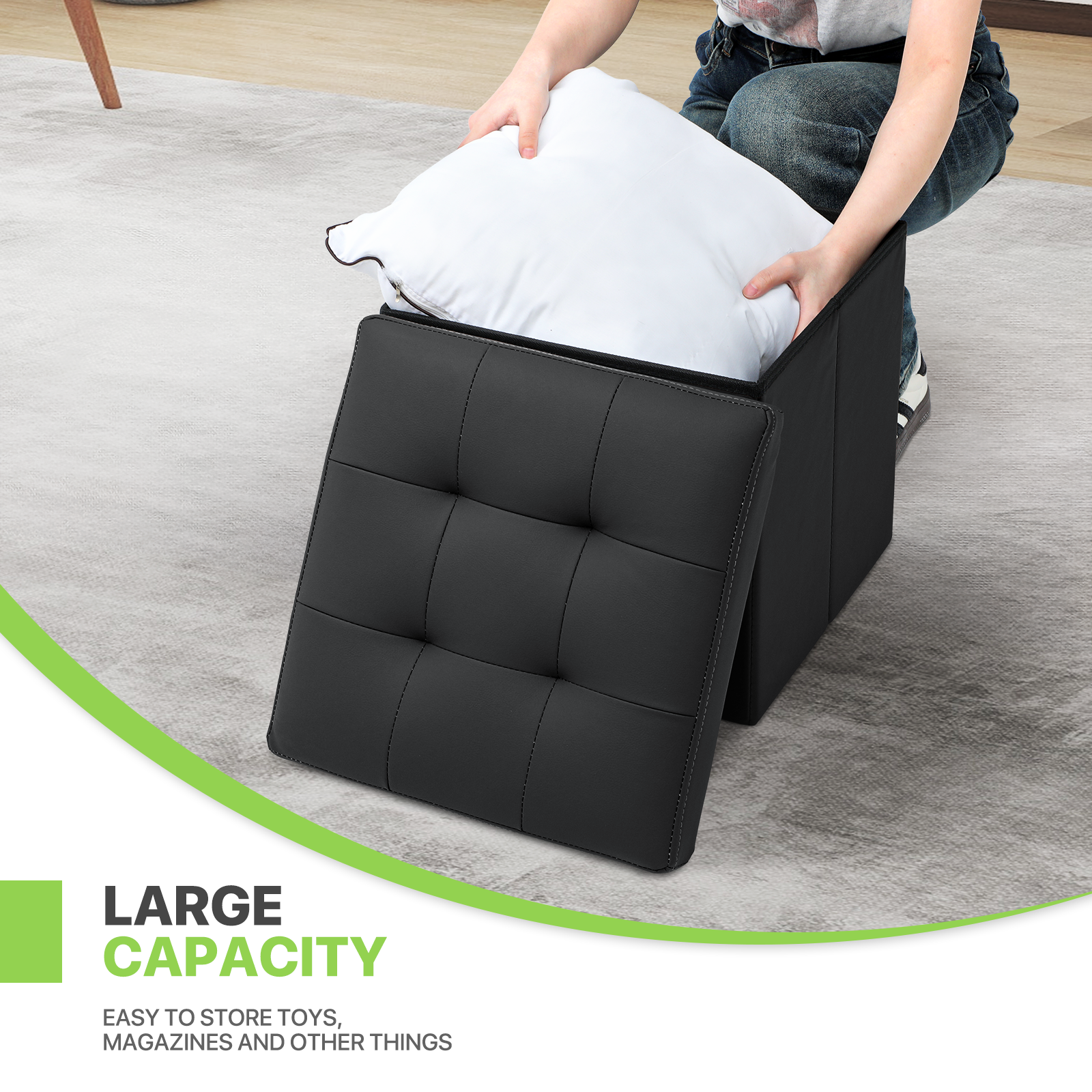 Black Faux Leather Storage Ottoman Classic Cube Seat Home Entryway Décor Benches