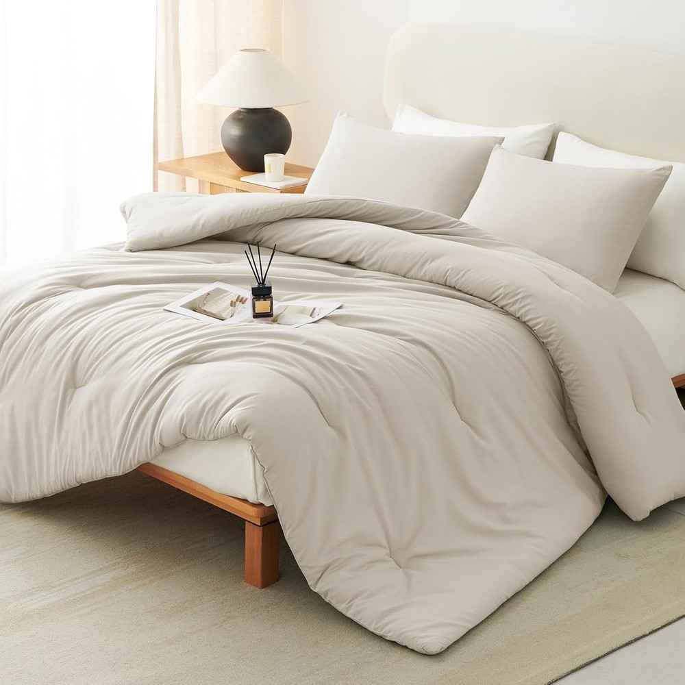 Beige Queen Comforter Set, 3 Pieces Boho Solid Breathable Quilted Style Beddi...