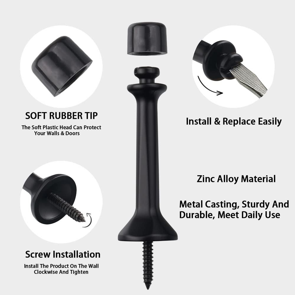Solid Rigid Door Stop 3 Inch Heavy Duty Matte Black Rubber Tip 4 Pack