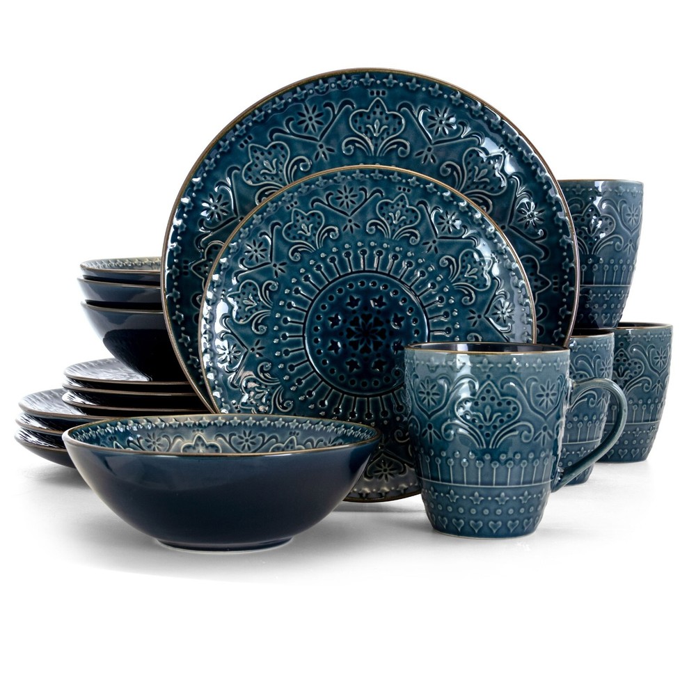 Elama Deep Sea Mozaic 16 Pc Mandala Pattern Complete Stoneware Dinnerware Set 4