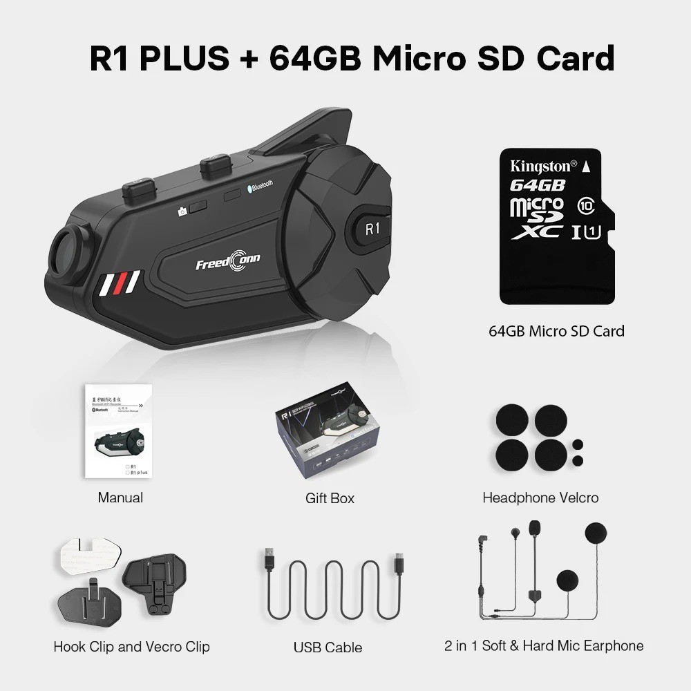 Freedconn R1 Plus Motorcycle Intercom Dash Cam 1080P Bluetooth Headset